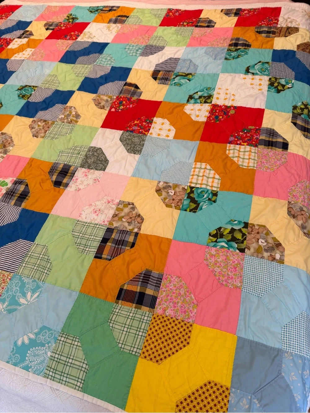 Vintage large hand stitched colorful bright quilt 83”x71” cottage core farmhouse